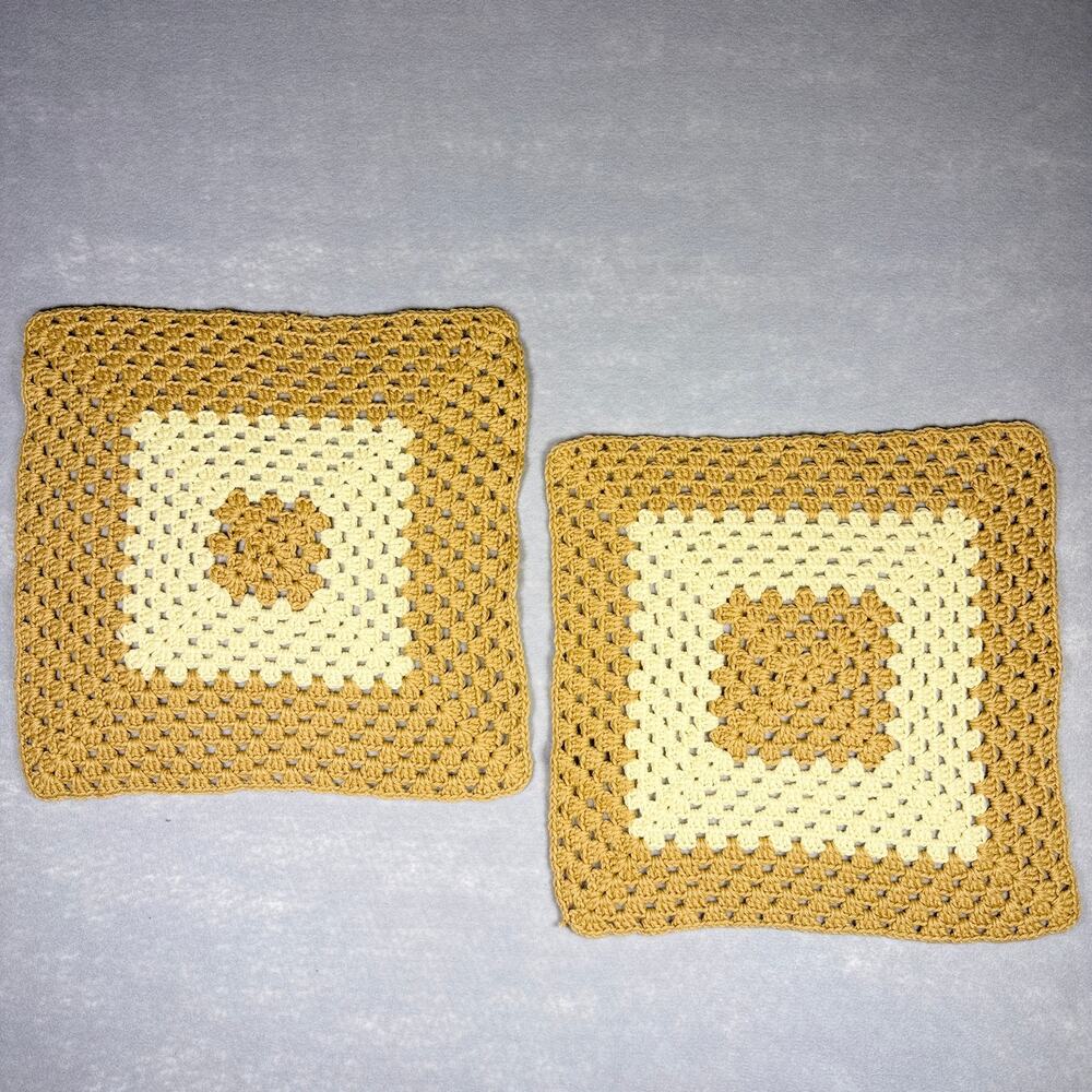 vintage Crocheted granny squares - extra large tan cream beige knit 15 x 16